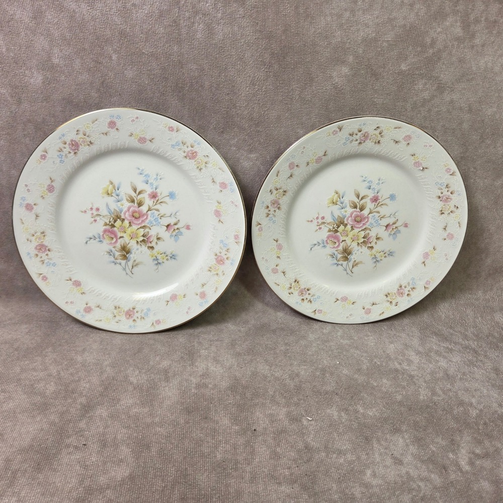 Fine China Floral Salad Plates Set of 2 Pink Yellow Blue Flowers Gold Rim